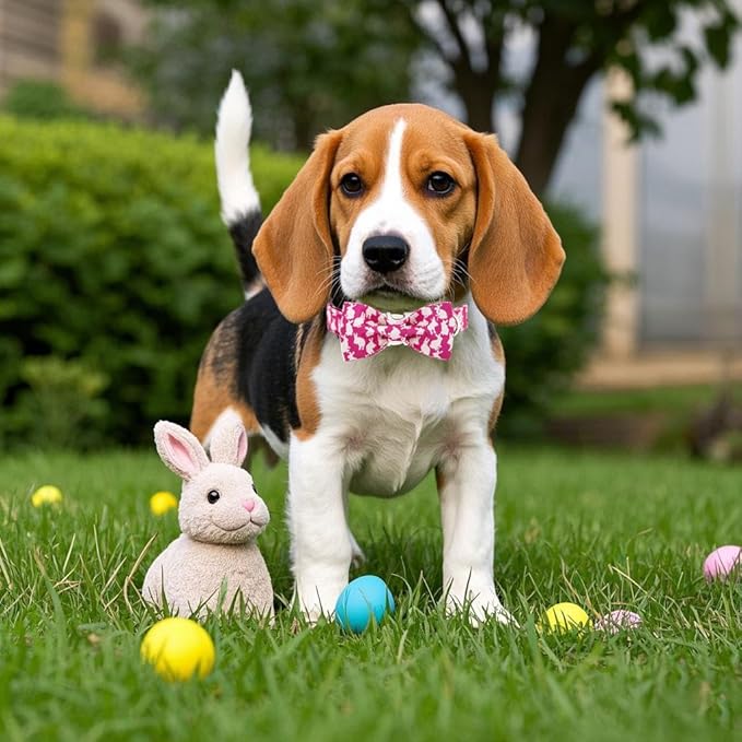 Maca Bates Easter Day Rabbit Dog Collar with Fancy Bow Tie for Large Girl Boy Dogs, Pink Bunny Pattern,Adjustable Durable Soft Breakaway Collars for Male Female Puppy