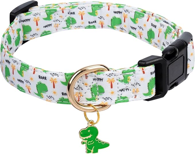 Cotton Dog Collar,Adjustable Cute Puppy Collar with Moon Patterned Design for Small Medium Large Dogs,Soft and Fancy Pet Collar with Safety Buckle for Girl Boy Dogs (Green Dinosaur, Medium)