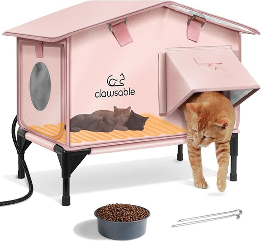 Upgraded Heated Cat House for Outside Escape Door, Highly Insulated Heated Outdoor Cat House Waterproof Awning, Weatherproof Outdoor Feral Cat Shelter for Stray Winter