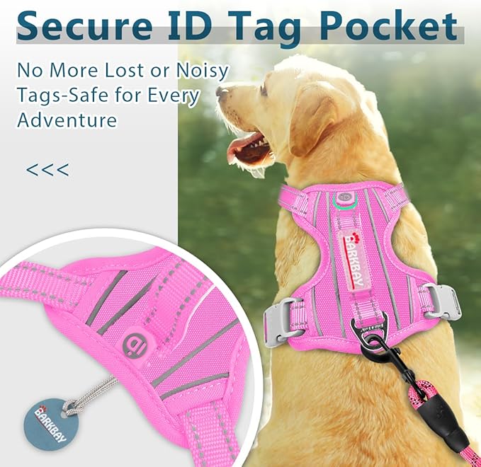 BARKBAY Dog Harness No Pull Oxford with ID Tag Pocket - Heavy Duty, Reflective, Easy Control for Large Dogs(Pink Oxford,XL)