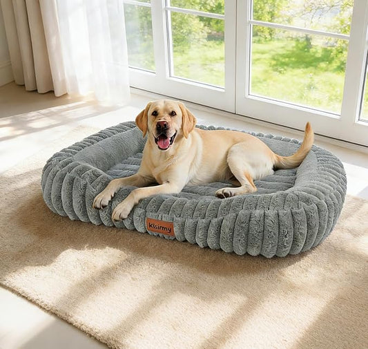 Orthopedic Dog Bed for Large Dogs, Comfort-Sided Calming Pet Bed with Breathable Memory Foam, Plush Faux Rabbit Fur & Non-Slip Bottom, Machine Washable with Carry Handle, 35"x27"x5.5", Grey