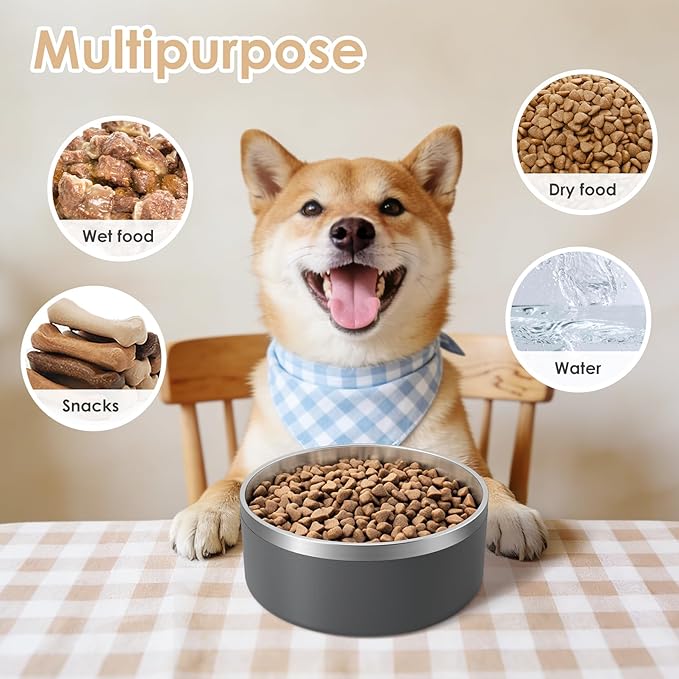 IKITCHEN Dog Bowl for Food and Water, 64 Oz Stainless Steel Pet Feeding Bowl, Durable Non-Skid Insulated Heavy Duty with Rubber Bottom for Medium Large Sized Dogs (64 Ounces/8 Cup, Grey)