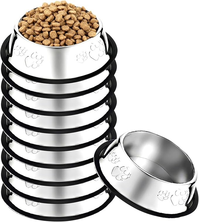 10 Pcs Stainless Steel Dog Bowl Pet Feeding Bowl with Rubber Base Non-Slip Pet Dishes Metal Dog Bowls Pet Food and Water Bowls for Small Medium Animals Kitten Rabbit (10.1 oz)