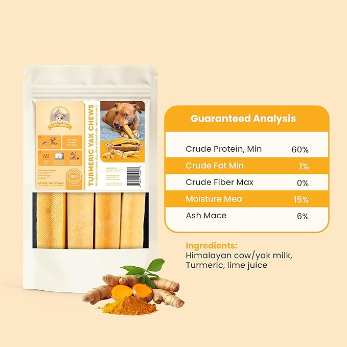 KATHMANDU'S 100% Natural Turmeric Flavored Yak Chews – Keep Dogs Busy & Happy with Our Lactose&Rawhide Free Himalayan Dog Chews - Long Lasting Dental Treats for Aggressive Chewers (Large, Pack of 4)