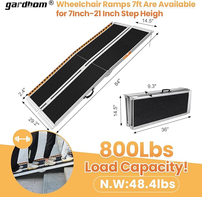 Wheelchair Ramp 7FT, gardhom Anti-Slip Aluminum Folding Handicap Ramp Wheel Chair Ramp for Home Threshold Doorways Steps Curb Vehicle Entry Scooter Stairs Driveway Vans SUV