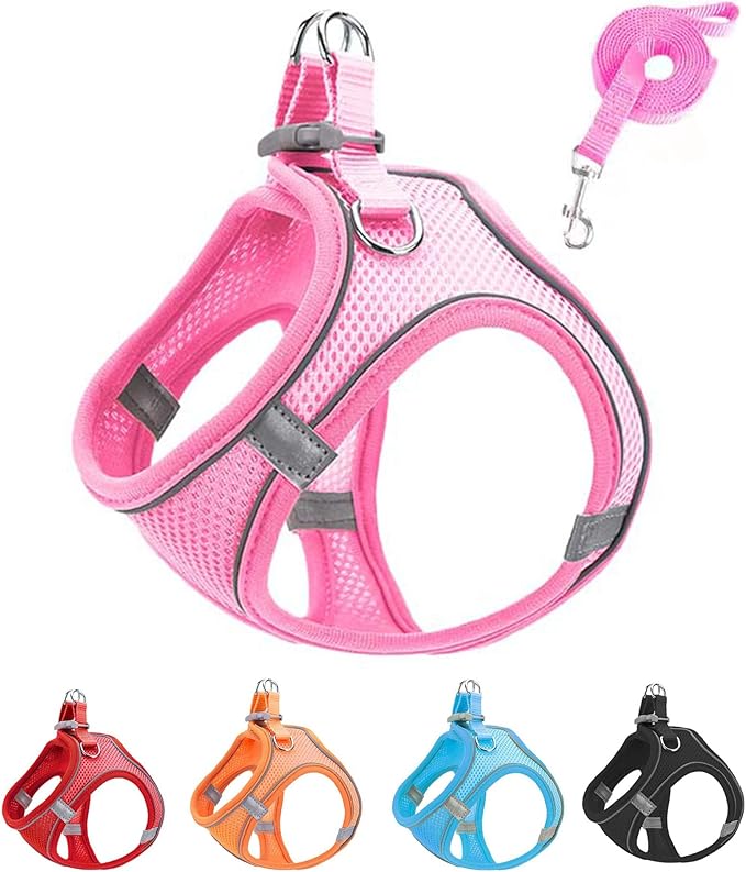 M Pink Soft Mesh Dog Harness and Leash Set,No Escape Puppy Harnesses for Training Walking竊?Reflective Adjustable Puppy Vest for Small Medium Dogs, Cats (Pink, M)