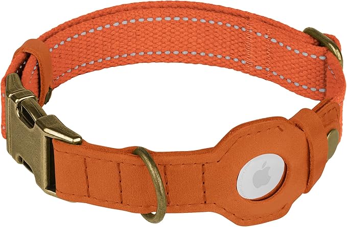 Reflective Leather Dog Collar with AirTag Holder - Soft Apple Airtag Dog Collar with Metal Buckle - Safety Cotton Pet Collars for Dogs Small Large Dogs Puppy (Orange, M, 14"-18")