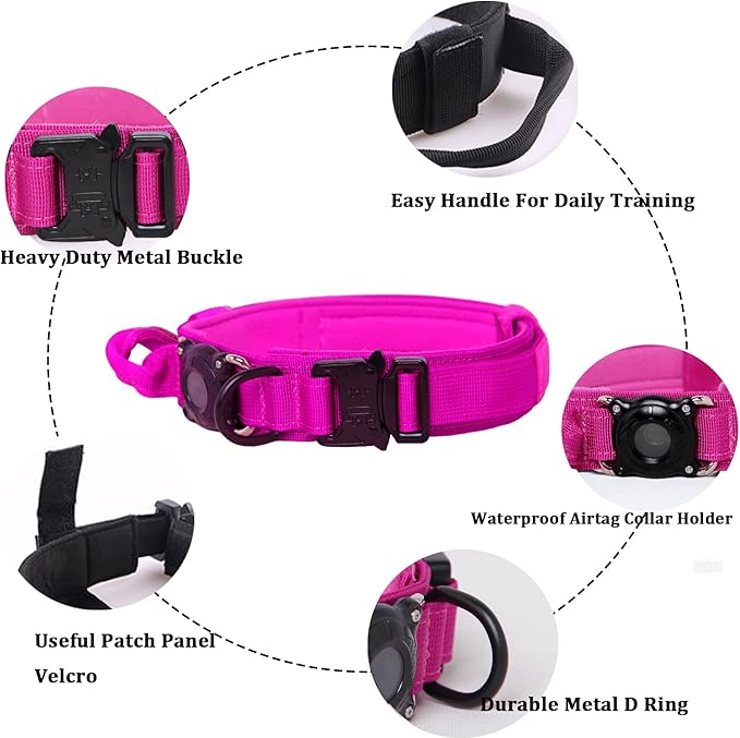 Xqpetlihai Upgraded AirTag Dog Collar Waterproof Tactical Dog Collar with AirTag Holder Heavy Duty Dog Collars for Large Dogs (Rose Red，XXL