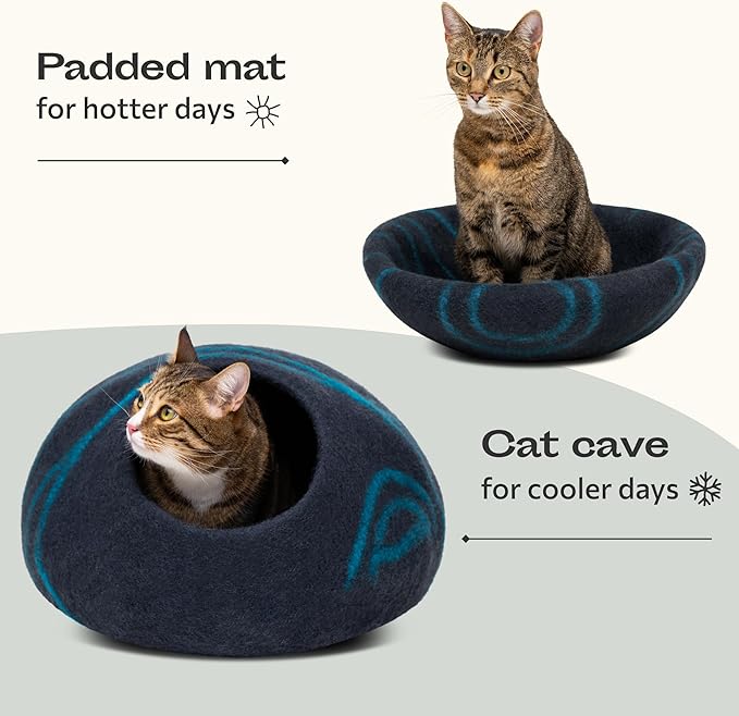 MEOWFIA Cat Cave – Premium Felt Cat Bed for Indoor Cats, Handmade Merino Wool (Black Aqua, Medium)