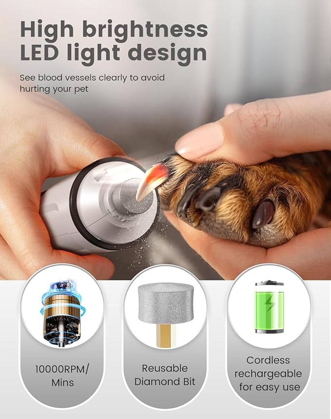 2 in 1 Dog Nail Grinder Quiet and Dog Paw Trimmer, Powerful Painless Electric Dog Nail Trimmers for Large Medium Small Dogs, Rechargeable Cordless Dog Hair Clippers for Paws, Ears, Eyes, Rump