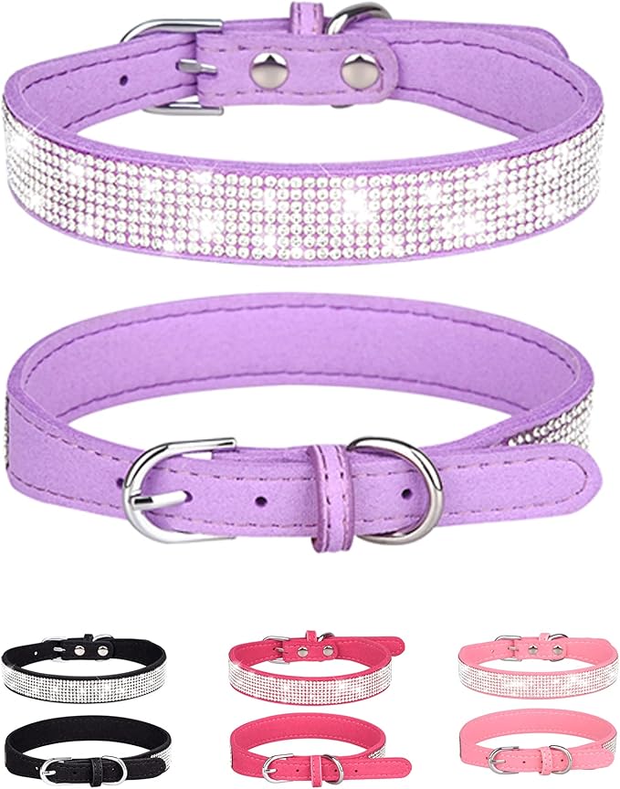 Dog Collar for Large Dogs, Adjustable Leather Suede Bling Dog Collars，Purple Dog Collar Cat Collar, Rhinestone Dog Collar(L, Purple)