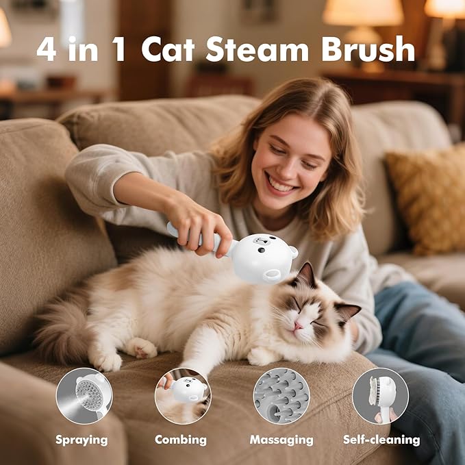 4 in 1 Pet Steam Brush for Cat & Dog, Cat Steam Brush for indoor Cats, Self Cleaning Shedding & Grooming Tool with Waterless Shampoo, Pet Spray Hair Removal Comb with Release Button & Water Tank