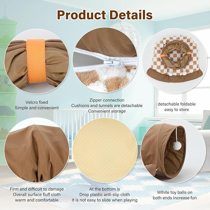 BWOGUE Bunny Tunnel Bed, 2-in-1 Collapsible Tunnel Tubes Toys with Removable Mat Hideout for Cats Kittens Rabbits Guinea Pigs Kitty (Coffee)