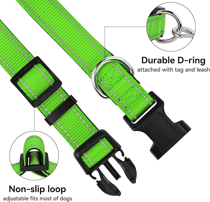 Reflective Dog Collar for Small Dogs, Soft Neoprene Padded with Quick Release Buckle, Adjustable Nylon Pet Collar for Walking,Green,S
