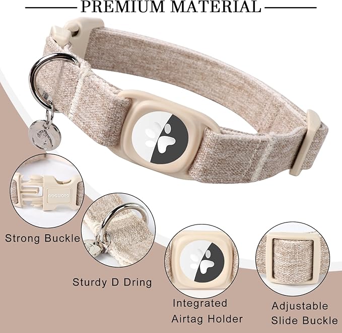 DOGWONG Airtag Cotton Hemp Dog Collar, Heavy-Duty Dog Collar with Airtag Holder Beige Natural Fabric Pet Cute Puppy Necklace for Small Medium Large Dogs