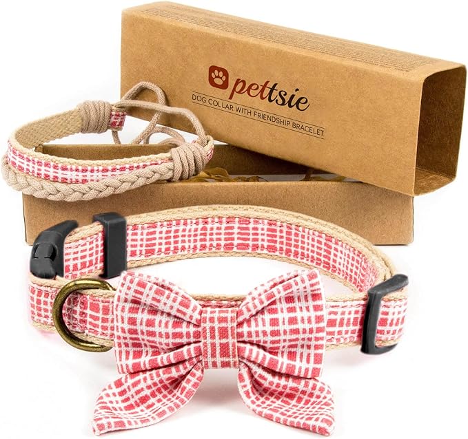 Pettsie Dog Bow Tie Collar with Matching Friendship Bracelet – Adjustable, Durable Hemp & Soft Cotton, Stylish & Comfortable for Sensitive Skin, Elegant Gift Box, Medium, Pink