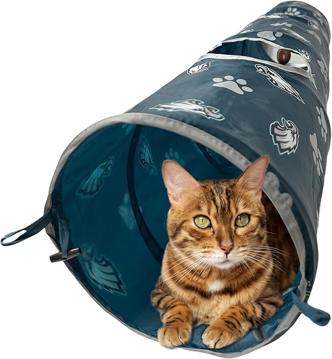 NFL Philadelphia Eagles Cat Tunnel Tube Toy with Plush Football Catnip and Feathers Collapsible Tunnel for Cats to Play, Peek and Hide, Sporty & Fun Cat Tunnel Toy with Team Logo All-Over Design!
