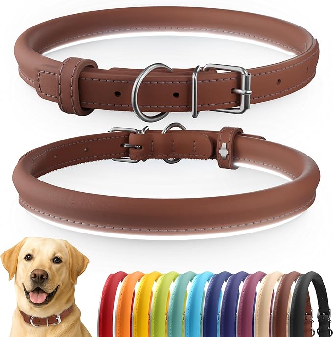 CollarDirect Rolled Leather Dog Collar, Soft Padded Round Puppy Collar, Handmade Genuine Leather Collar Dog Small Large Cat Collars 13 Colors (15-18 Inch, Brown Smooth)