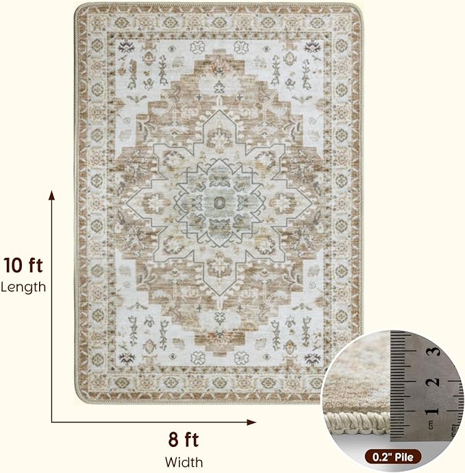 LBRO2M Boho Area Rug 8X10 Washable Rugs for Bedroom Low Piles Indoor Carpet, Non Slip Soft Rug for Living Room, Dining Room, Cream Rug Foldable Pet Friendly Area Rugs Stain Resistant (8'X10' Cream)