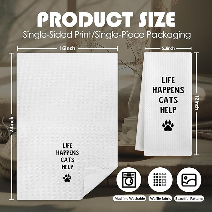 Funny Cat Kitchen Dish Towels, Cat Lovers Mom Lady Gifts, Life Happens Cats Help Decorative Hand Tea Towels for Bathroom Kitchen, 16x24 Inches