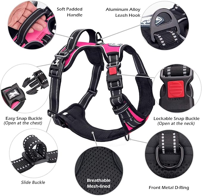 PoyPet No Pull Dog Harness, No Choke Front Lead Dog Reflective Harness, Adjustable Soft Padded Pet Vest with Easy Control Handle for Small to Large Dogs(Pink,XS)