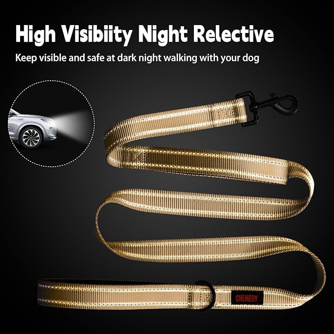 Heavy Duty Double Handle Leash - Reflective Training Lead for Large Breed Dogs (6FT Khaki)