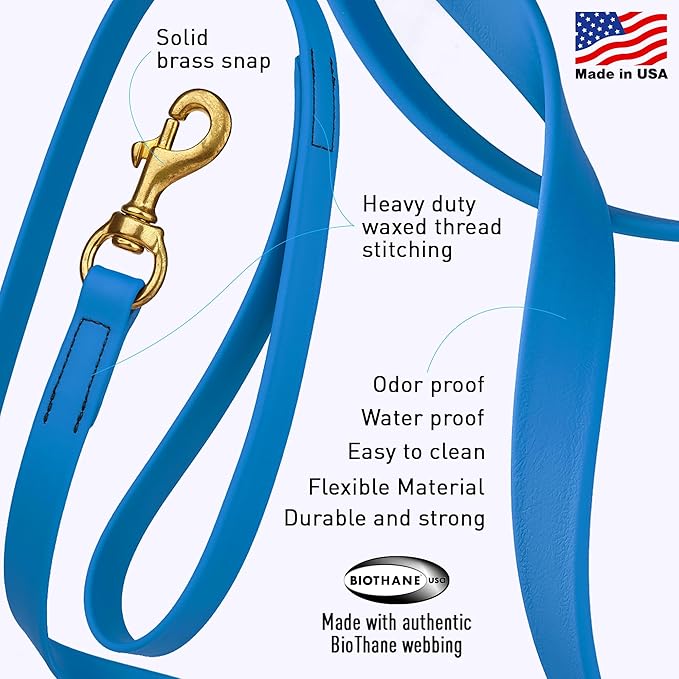 Viper Biothane K9 Working Dog Leash Waterproof Lead for Tracking Training Schutzhund Odor-Proof Long Line with Solid Brass Snap for Puppy Medium and Large Dogs, 20ft Cerulean Blue