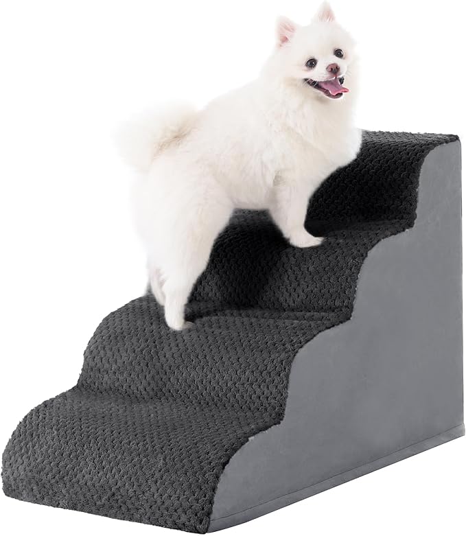 MIHIKK Dog Stairs Ramp, Curved 4-Step Dog Steps for Small Dogs and Cats, Pet Stairs for High Beds and Couch with Anti-Slip Washable Cover and Durable High Density Foam, Dark Grey