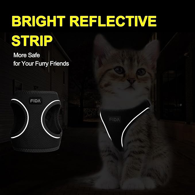 Fida Cat Harness and Leash Set for Walking Kitten and Puppy, Escape Proof Kitten Harness with Breathable Lightweight Soft Mesh, Adjustable Reflective Step-in Design for Kitten and Puppy.(XXXS, Black)