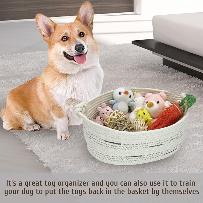Fhiny Cotton Rope Dog Toy Basket with Handle Puppy Toys Storage Bin Small Woven Rectangle Diapers Pet Kitty Bed Perfect for Carry Pet Chew Toys Blankets Leashes Doggie Stuff - Beige S