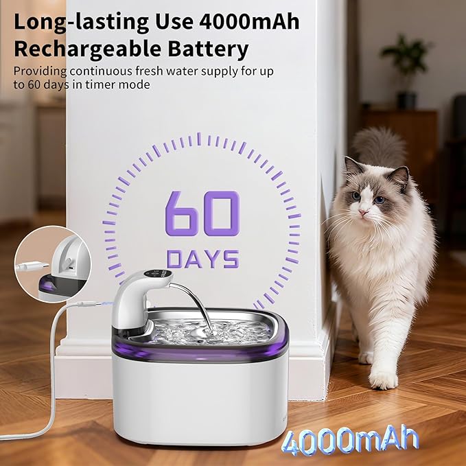 Cat Water Fountain Cordless 118oz/3.5L Wireless & Battery Operated Pet Water Fountain for Indoor Cats, Stainless Steel Tray with Sensor & Timer Modes, Ultra-Quiet, BPA-Free & Easy-to-Clean