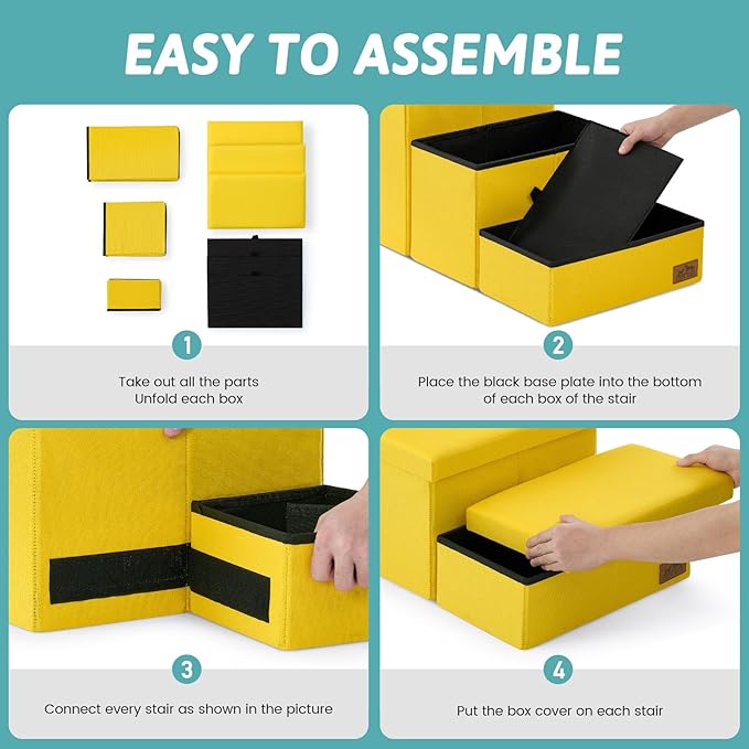 Dog Stairs with Storage, 3-Step Wider Sturdy Dog Steps for Small/Medium/Large Dogs and Older Cats, Folding Doggie Ramp for Bed/Couch/Car Hold Up to 180 lbs (16.7" H, Yellow)