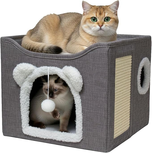 Cat Houses for Indoor Cats, Large Cats Bed Cave, Kitten Cube Box,Cat Condo with Scratching Pad, Hanging Fluffy Ball & Peekaboo Window, Foldable Hideaway Hand-Washable(16x16x13.3 Inches,Grey)