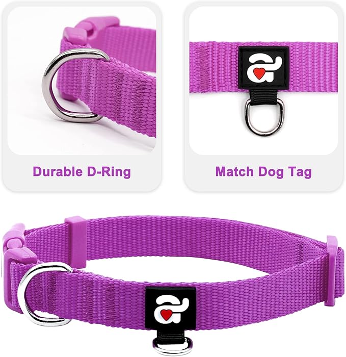 azuza 3 Pack Dog Collars Comfortable and Adjustable Nylon Dog Collars for Puppy Small Dogs, XS (8-12inch)，Pink, Hot Pink and Purple