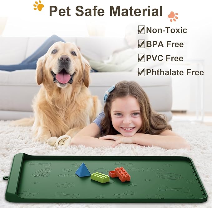 Dog Food Mat - Silicone Dog Mat for Food and Water - 36" x 24" Large Pet Feeding Mats with Residue Collection Pocket - Waterproof Dog Cat Bowl Mat with High Edges to Prevent Water Food Spills (Green)