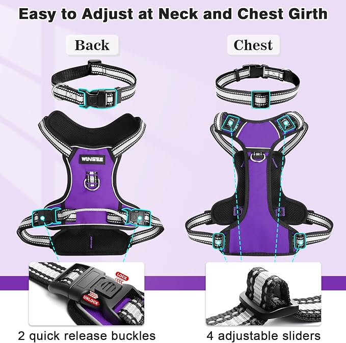 WINSEE Dog Harness No Pull, Pet Harnesses with Dog Collar, Adjustable Reflective Oxford Outdoor Vest, Front/Back Leash Clips for Small, Medium, Large, Extra Large Dogs, Easy Control Handle for Walking