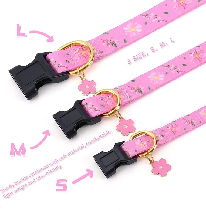 Cotton Handmade Dog Collar for Small Medium Large Dogs,Pink Flowers with Pendant Cute Dog Collars (Large)