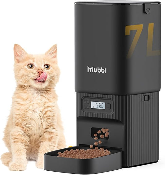 Automatic Cat Feeder, 7L/29 Cups Automatic Dog Feeder with Desiccant Bag, 1-6 Meals Ideal for 2-15mm Dry Food, Suitble for Multiple Pets, Dual Power Supply, Detachable Washable, Black