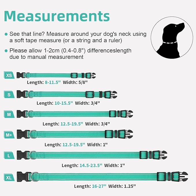 Reflective Dog Collar for Mediunm Dogs, Adjustable Collar with Soft Neoprene Padded, Durable Buckle for Daily Walking,Teal,M, 1" Width