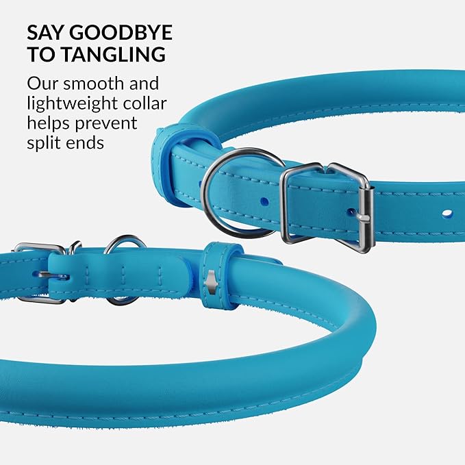 CollarDirect Rolled Leather Dog Collar, Soft Padded Round Puppy Collar, Handmade Genuine Leather Collar Dog Small Large Cat Collars 13 Colors (18-22 Inch, Light Blue Smooth)