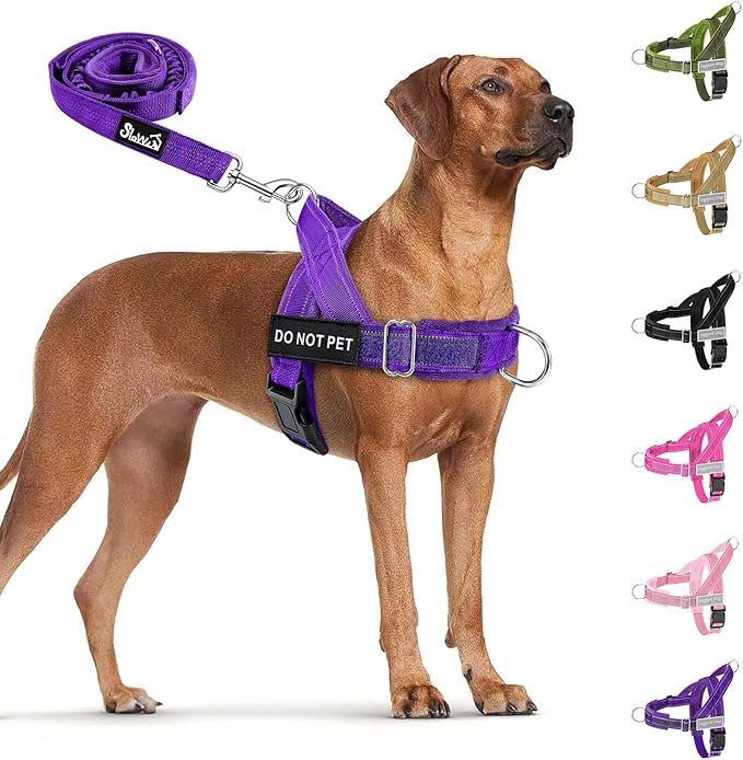 SlowTon No Pull Dog Harness - Heavy Duty Dog Harness and Leash Set for Medium Large Dogs, Reflective Tactical Harness with Soft Padded and Front Clip for Easy Walk and Training (PU, L)