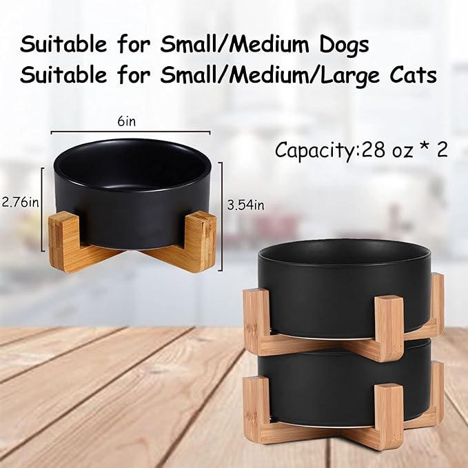 Petygooing Ceramic Black Cat Dog Bowl Set with Stand,Pet Food and Water Dish,Medium Pet Bowls Anti-Slip Set of 2 Cat Bowls-Pet Food Dishes- Small Medium Size Dog (28 OZ /3.6 Cups)