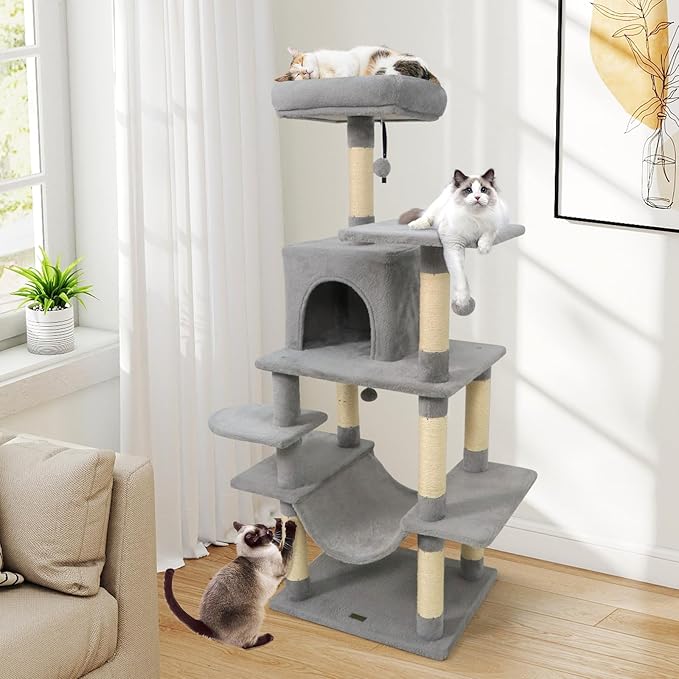 PETSITE Multi-Level Cat Tree, 58 Inches Tall with Sisal Scratching Posts, Condo, Hammock, Dangling Balls, Jumping Platforms, and Cozy Top Perch, Ideal for Indoor Cats to Play and Rest (Grey)