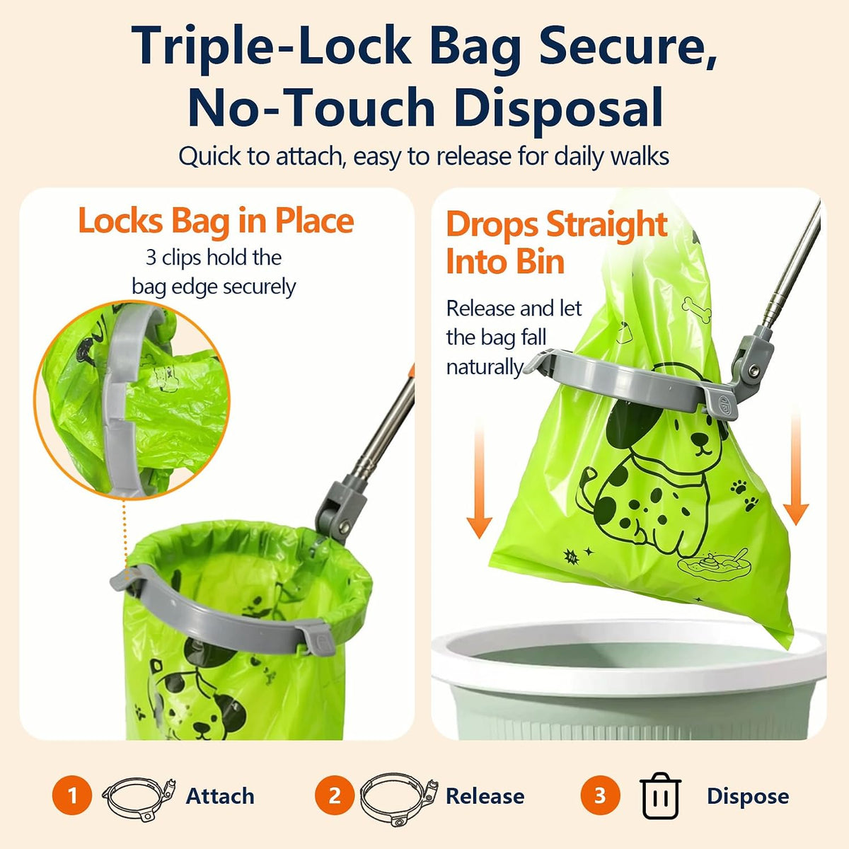 Dog Pooper Scooper with Bags, 47" Long Handle Dog Waste Picker Telescoping No-Bend Pet Pooper Scooper with Bag-Securing Tabs, Portable Dog Waste Picker for Yard, Walks & Travel
