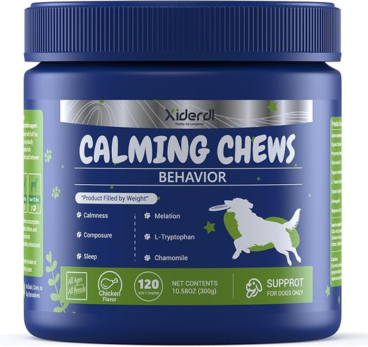 Calming Chews for Dogs – Relaxation & Stress Support with Chamomile, Valerian Root, L-Theanine, Passionflower & Ashwagandha – Calming Support with Glucosamine, Chicken Flavor, 120 Count