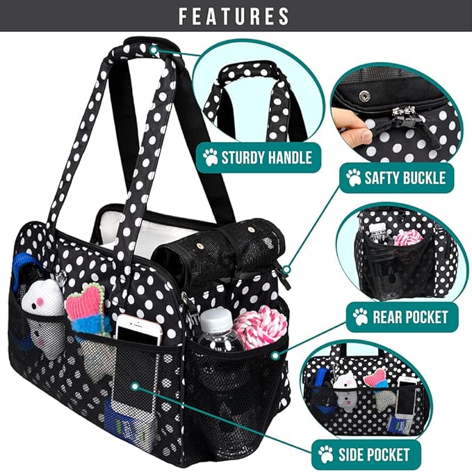 PetAmi Small Dog Purse Carrier, Soft-Sided Pet Carrier Bag with Pockets, Portable Puppy Cat Travel Handbag Tote, Airline Approved Breathable Mesh, Poop Bag Dispenser, Max 18 lbs, Polka Dot Black