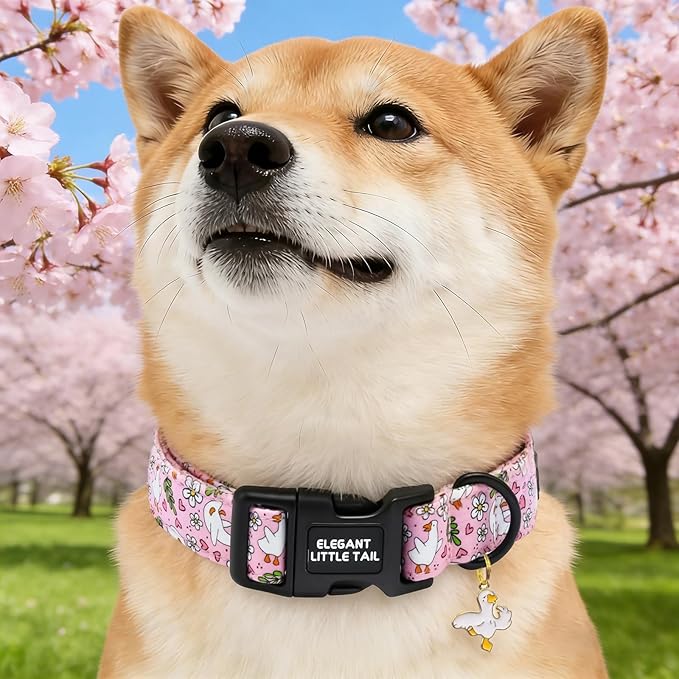 Elegant little tail Dog Collar, White Goose Print Spring/Summer Soft Cotton Puppy Collars Adorable Female or Male Pet Gift Lightweight Plastic Adjustable Dog Collar for Small Dogs