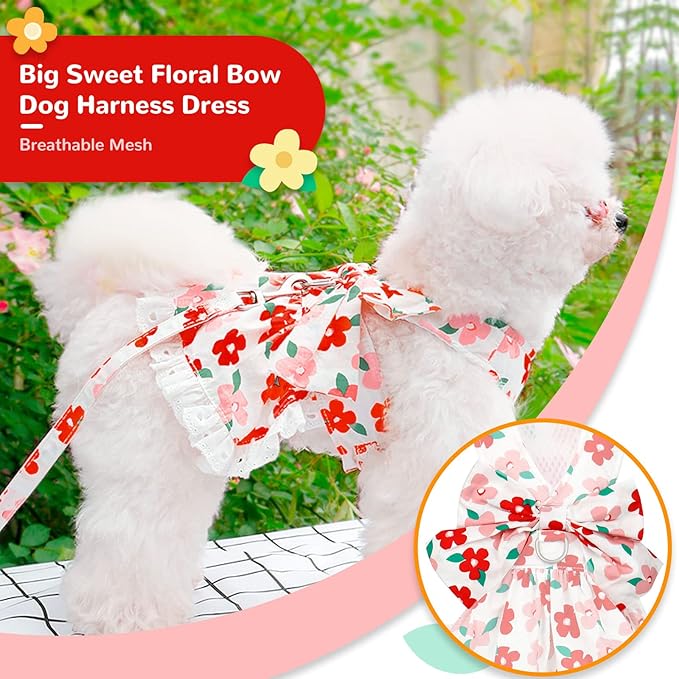 Dog Harness Dress Leash Set for Small Dog Summer Clothes Girl Female Puppy Cats Outfits Cute Floral Bowknot Princess Birthday Dress for Extra Small Pet Doggie Kitten Outfits Apparel(Red,S)