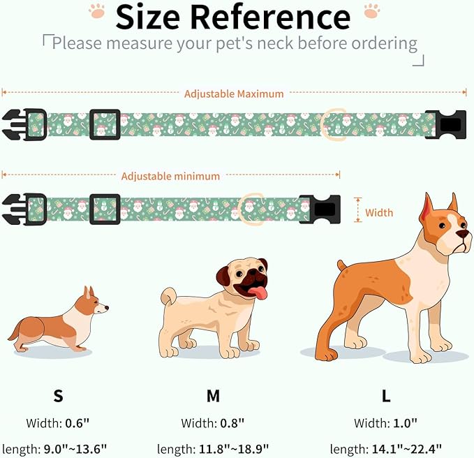 Christmas Dog Collar,Adjustable Cute Puppy Collar with Santa Claus Patterned Design for Small Medium Large Dogs,Soft Pet Collar with Safety Buckle for Girl Boy Dogs (Green Santa, S)