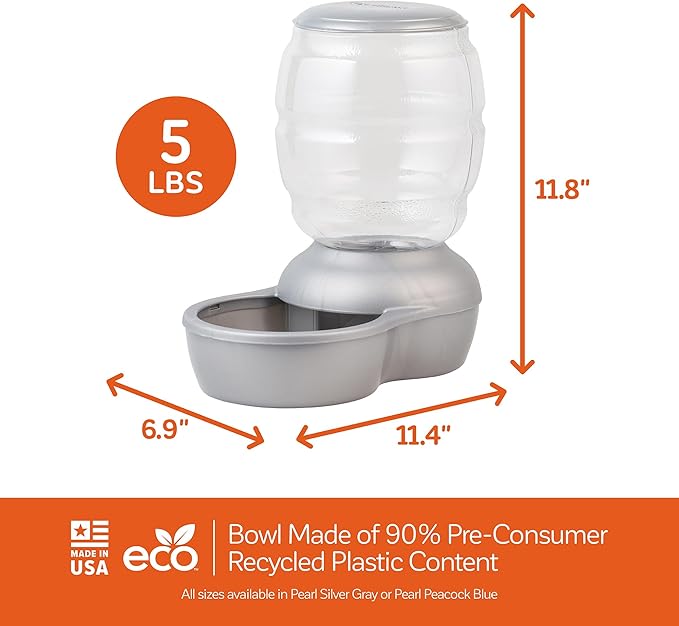 Petmate Replendish Feeder with Automatic Cat and Dog Feeder, 5 LB, Pearl Silver Grey, Made in USA (Pack of 2)
